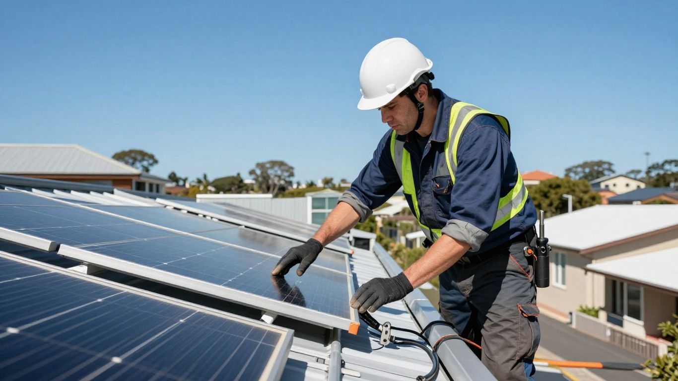 Solar installer inspecting rooftop panels