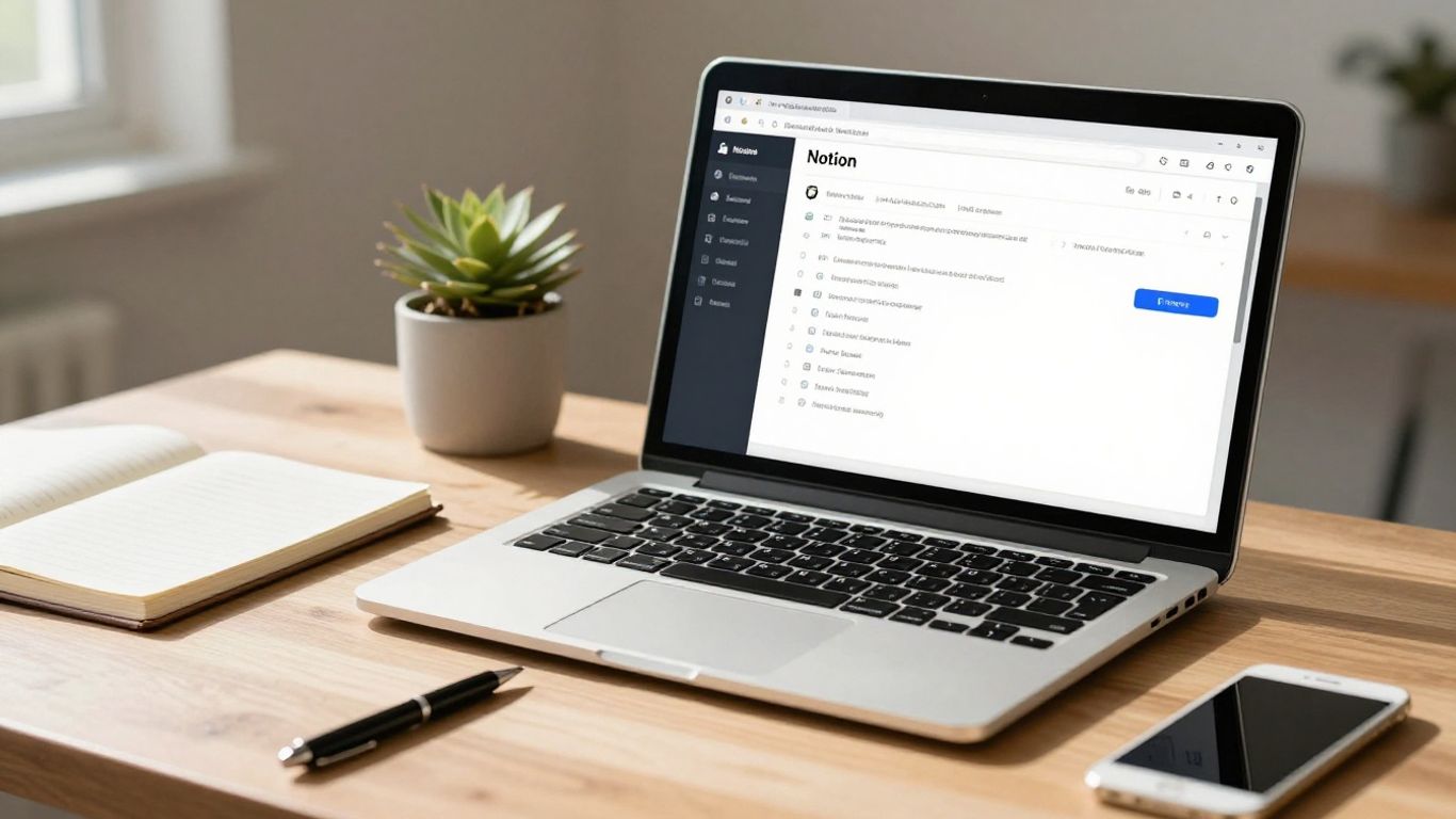 Notion app on a laptop, desk setup, productivity