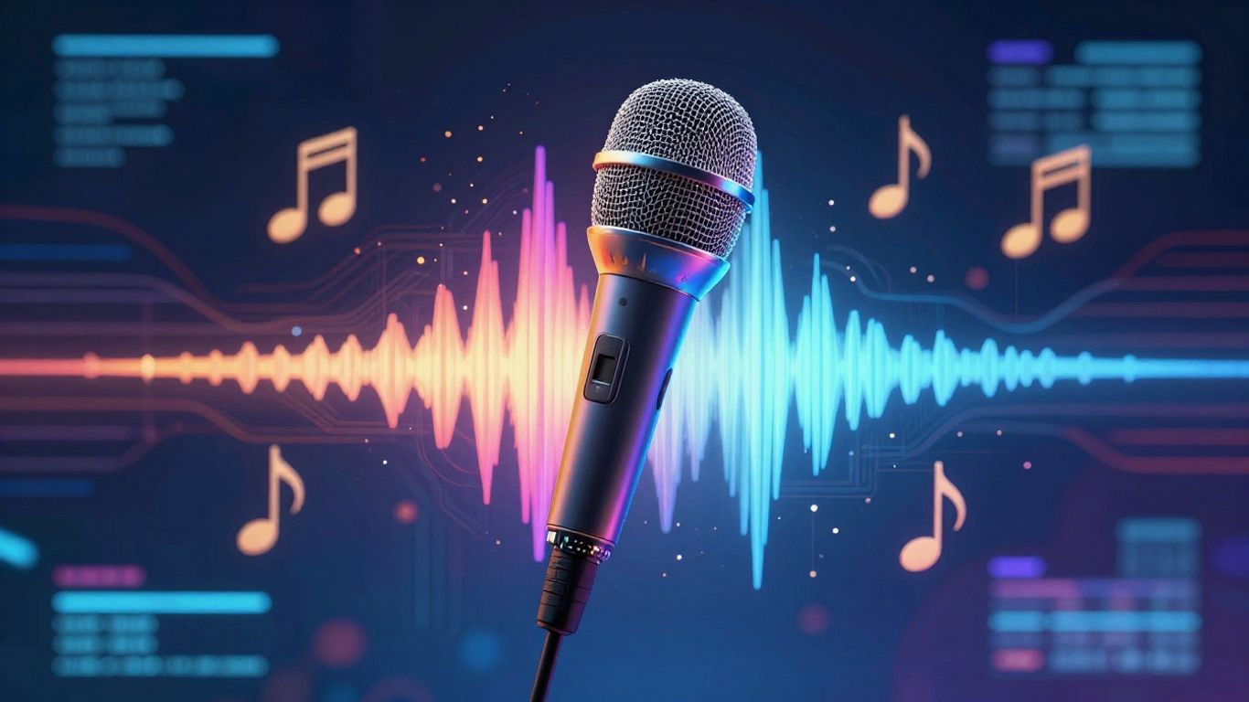 AI vocal generator creating music with sound waves and notes.