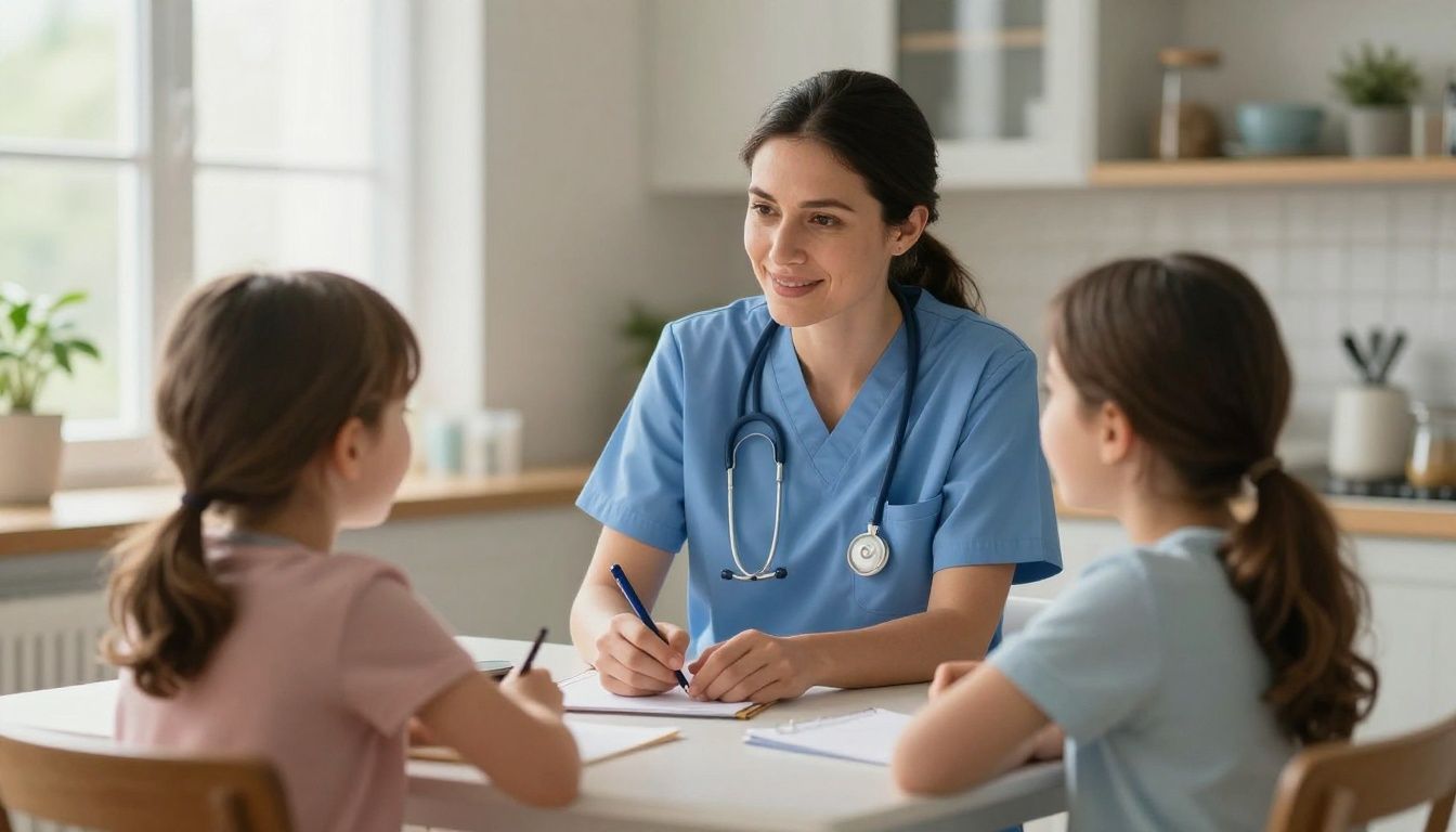 A compassionate female nurse in a blue uniform sits at a kitchen table with a mother and her young child, smiling and talking warmly in a sunlit home.