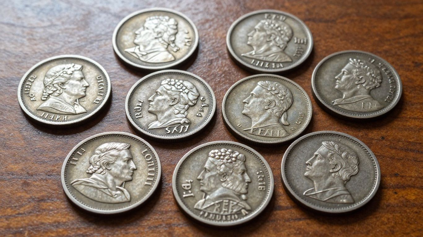 A historic coin display showing detailed metal carvings