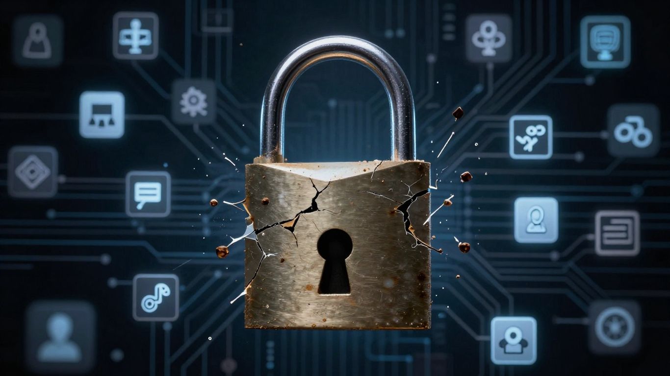 Cracked digital padlock with ad icons escaping
