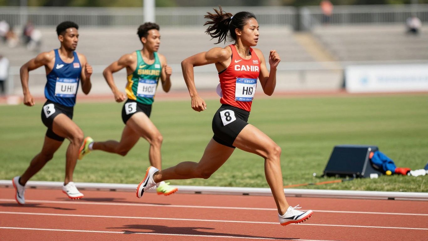 Athletes running on a track during a race.