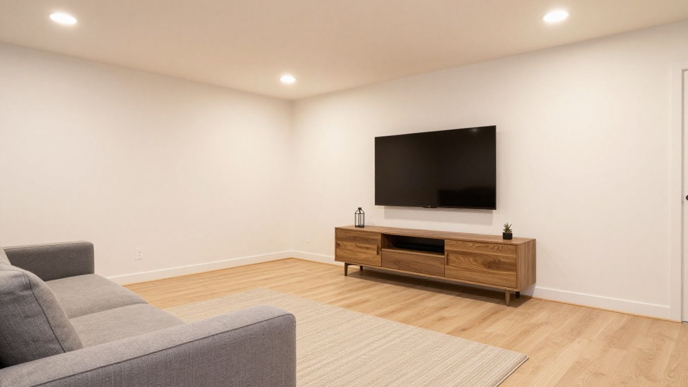Finished basement with seating, lighting, and decor.