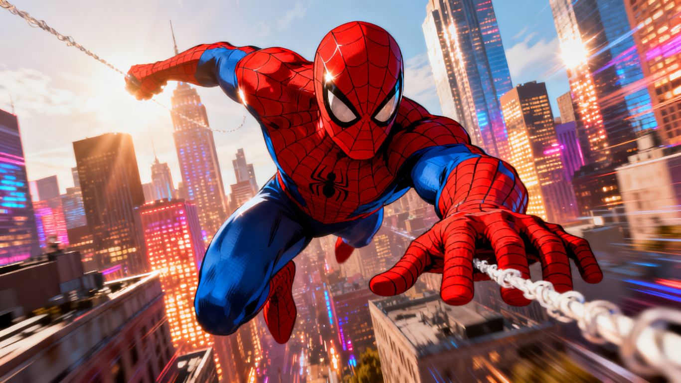 Spider-Man swinging through a city at sunset.