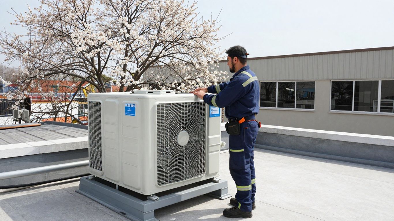 Technician checks rooftop HVAC unit above retail shops in spring