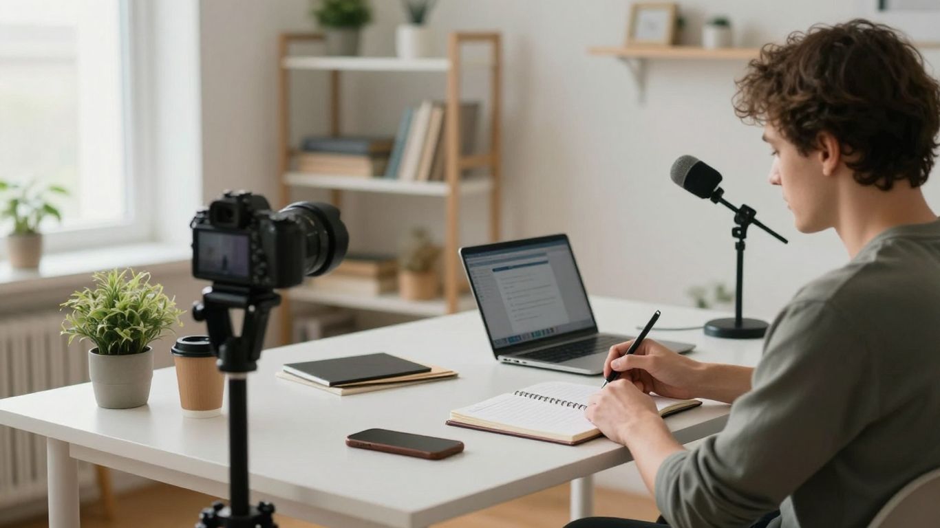 A creator planning a livestream beside a camera