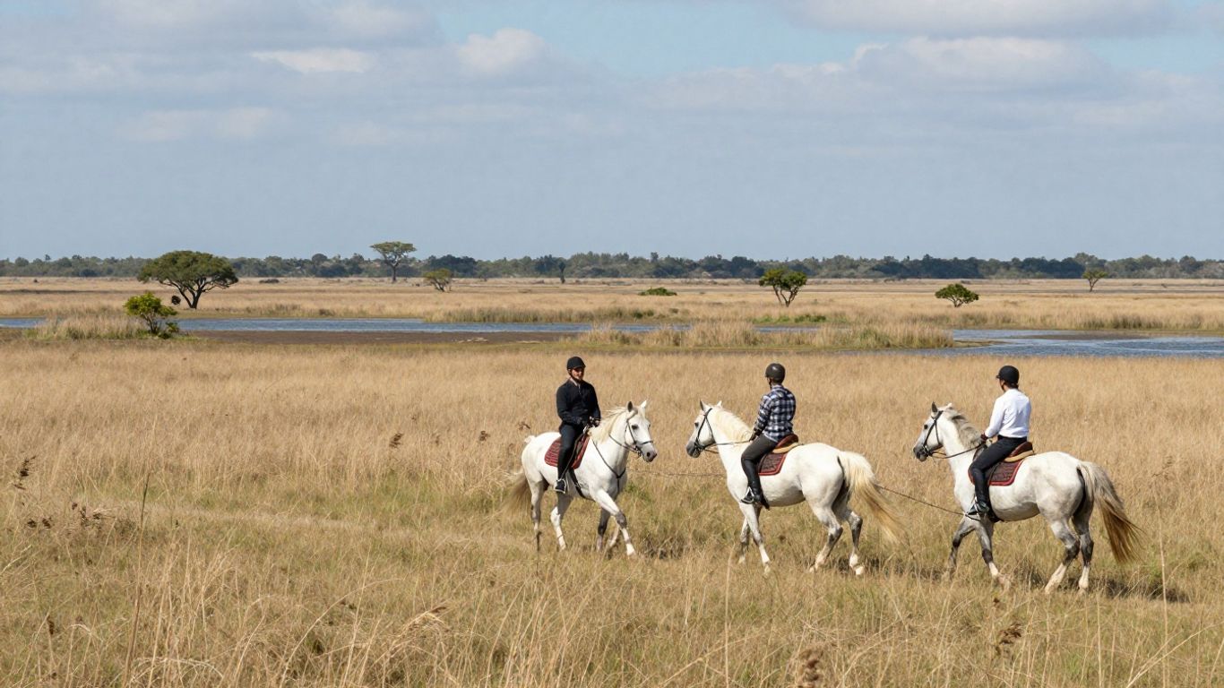 Riders crossing a broad Camargue nature park trail