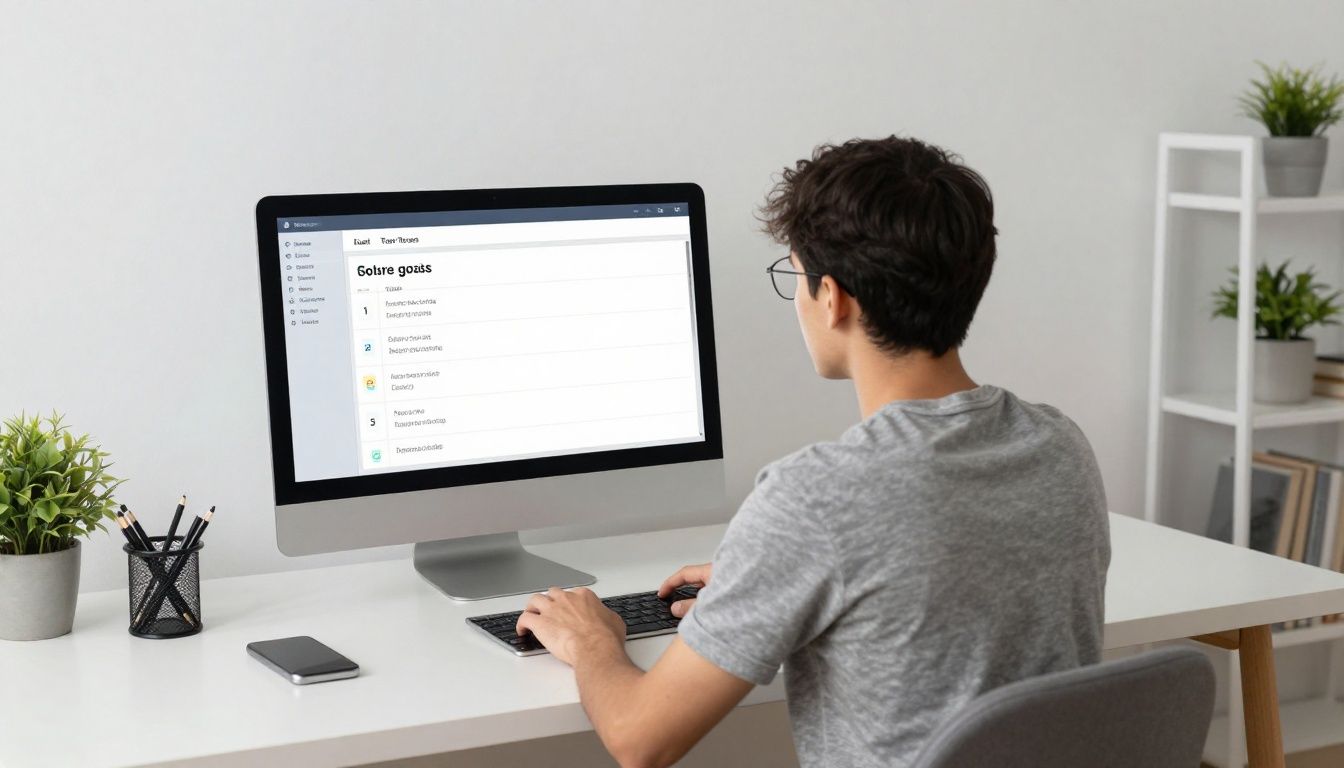 A focused, diverse professional in a clean, minimalist home office space, looking at a digital interface that shows clear goals, with a sense of calm intentionality and progress.