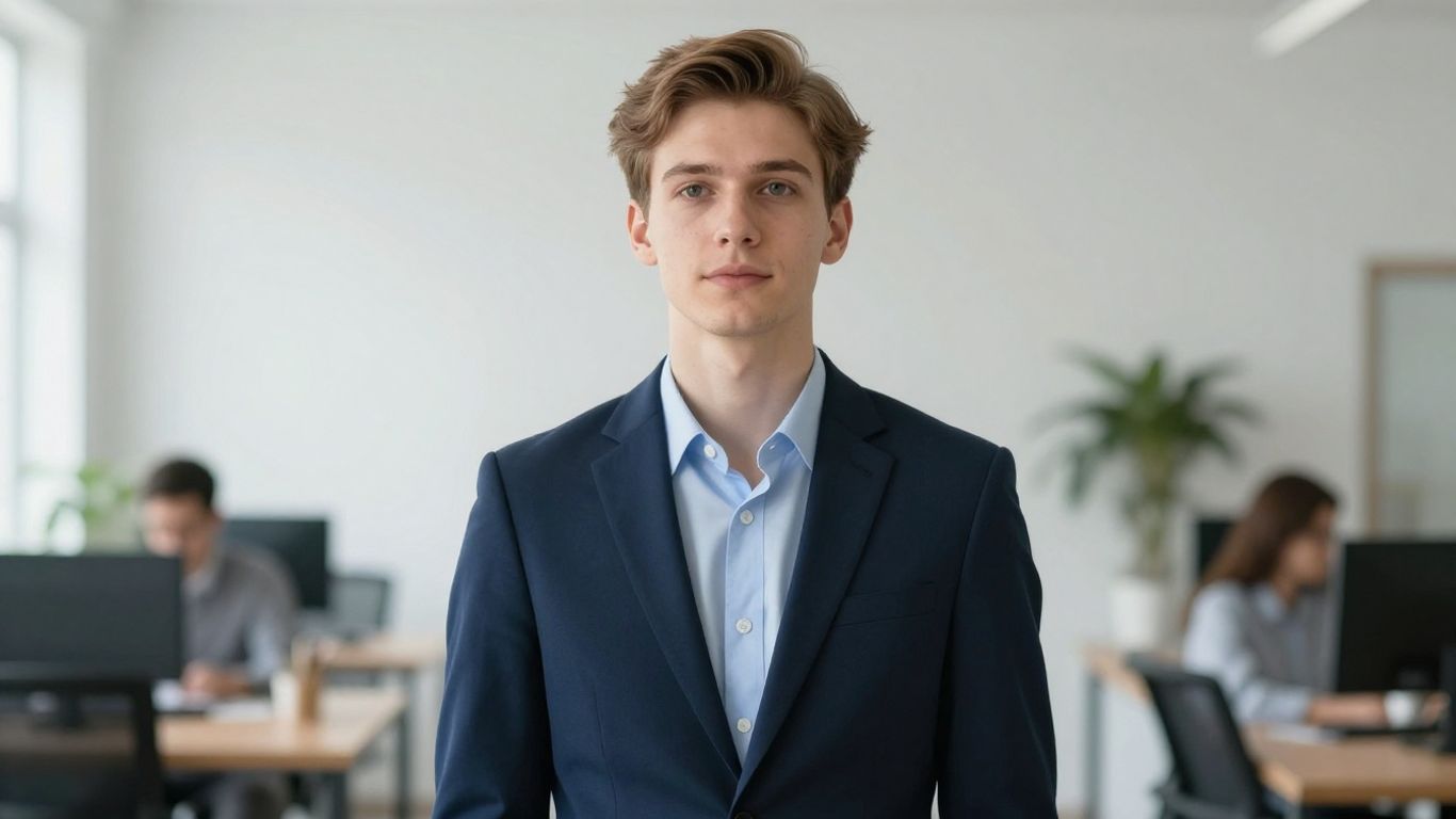 Junge Person blickt zuversichtlich in die Zukunft im Büro.
