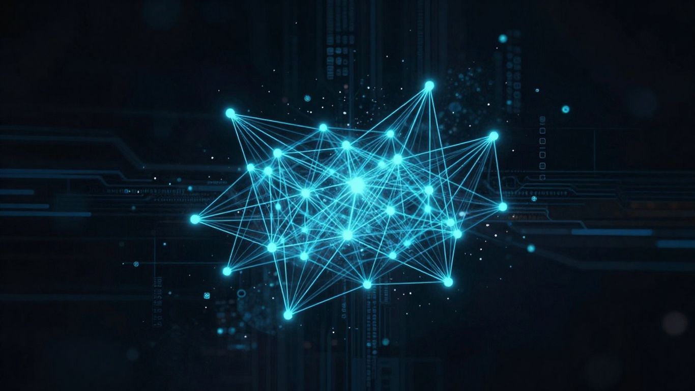 Abstract digital network with glowing nodes and connections.