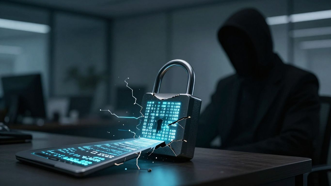 Cracked digital padlock with code spilling out, shadowy figure.