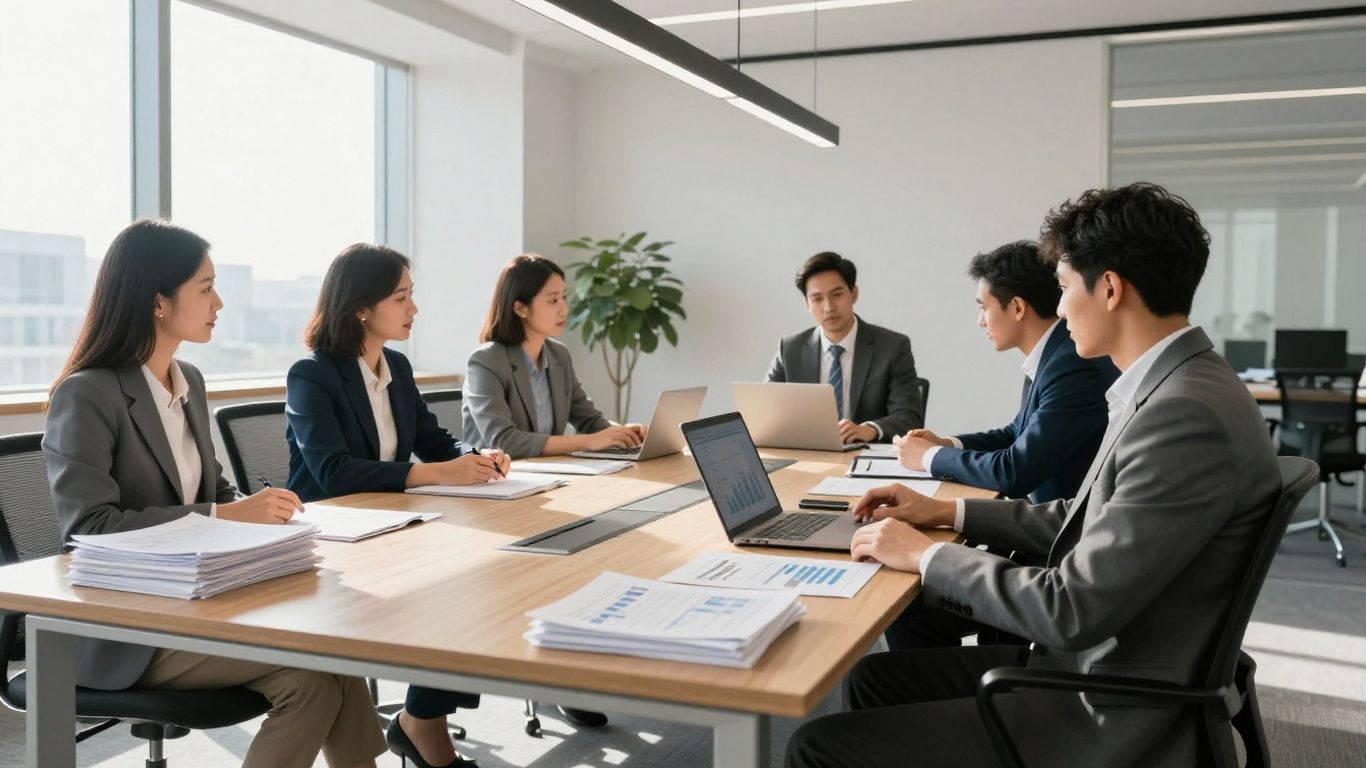 Healthcare accounting professionals collaborating in a modern office.