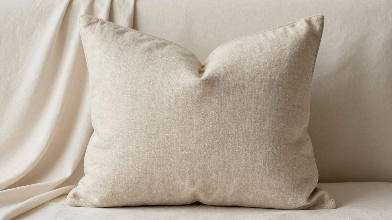 Beige linen throw pillow on cream fabric.