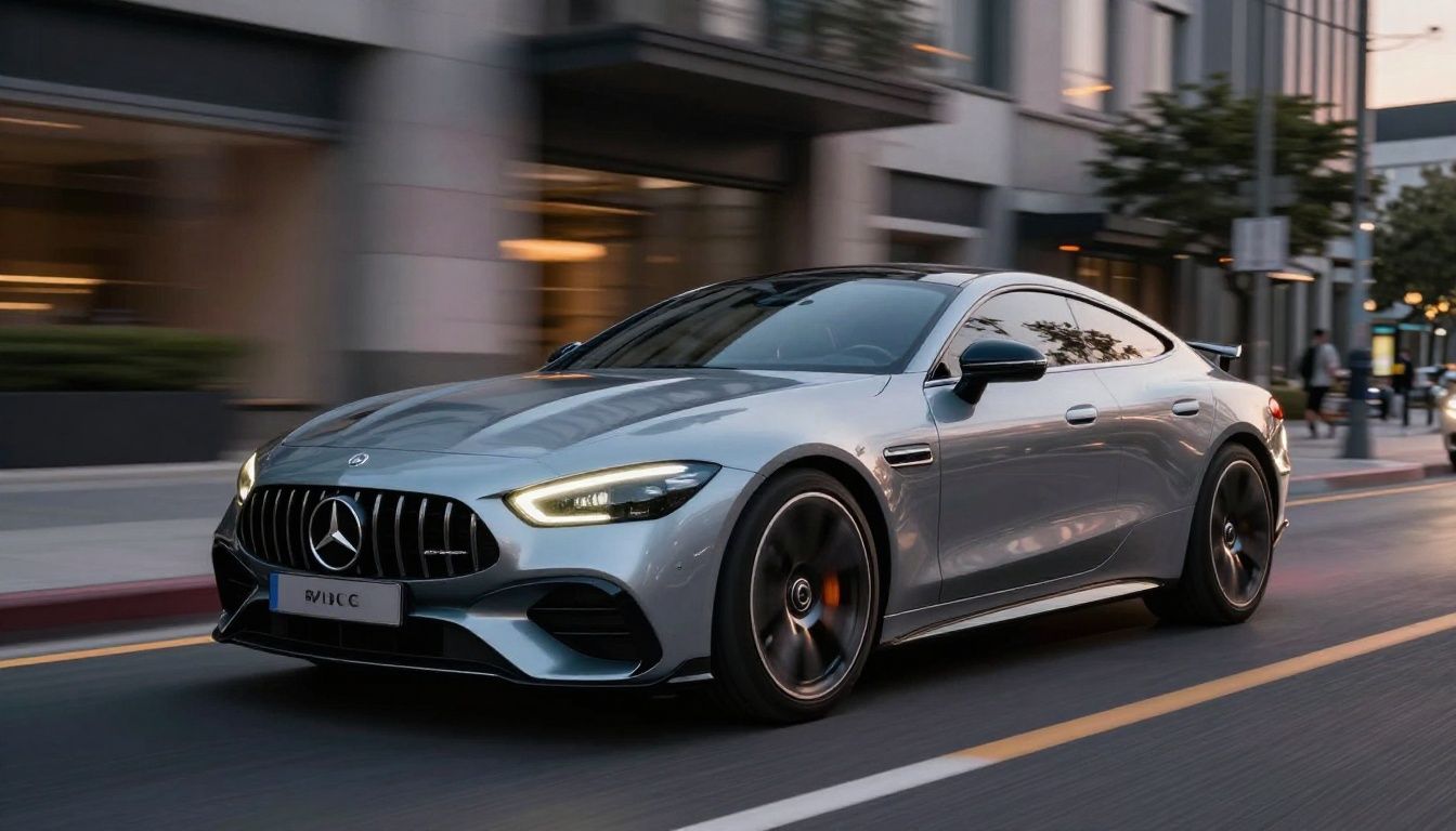 سيارة Mercedes-AMG GT 4-Door Coupe كهربائية أنيقة ومستقبلية تنطلق على جادة في المدينة عند الغسق، مع إبراز خطوطها الرياضية وحضورها الراقي