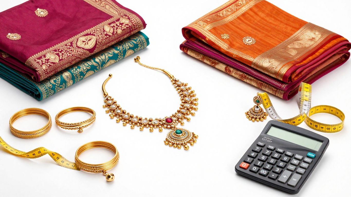 Bridal jewellery pieces arranged beside wedding fabrics