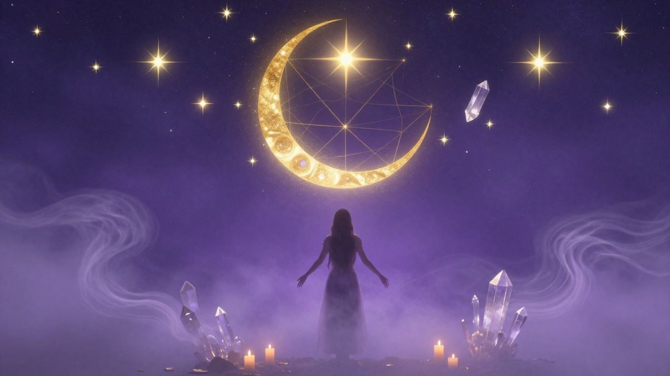 Figure indigo violette sous des étoiles dorées