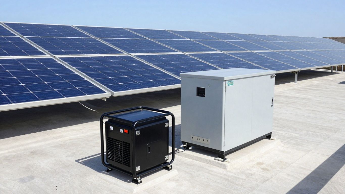 Solar panels, battery, and generator on a rooftop.