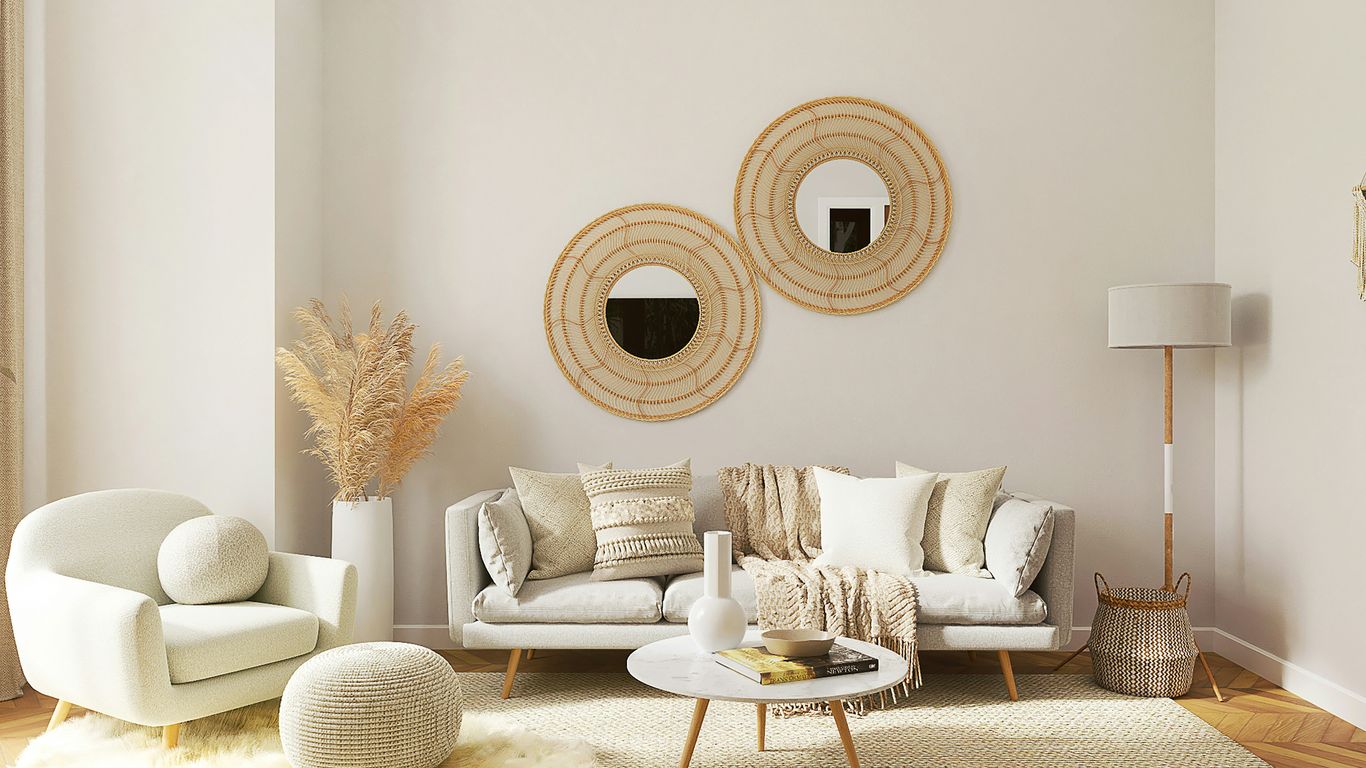 A modern living area with wall-mounted reflective panels