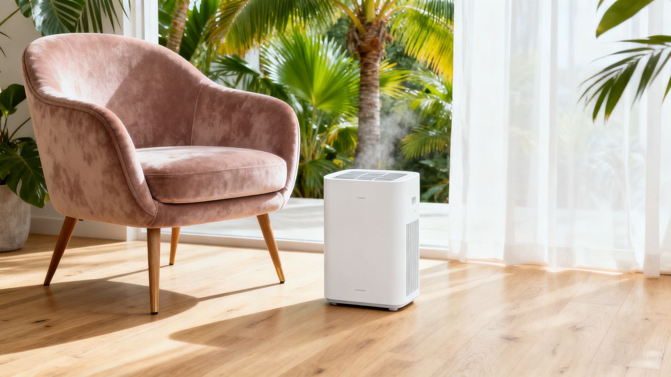 A modern living room featuring a compact dehumidifier unit