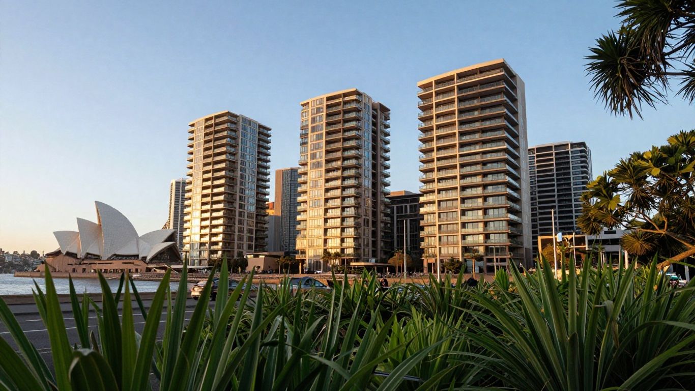 A modern apartment complex set against the iconic Sydney skyline with lush street-side planting