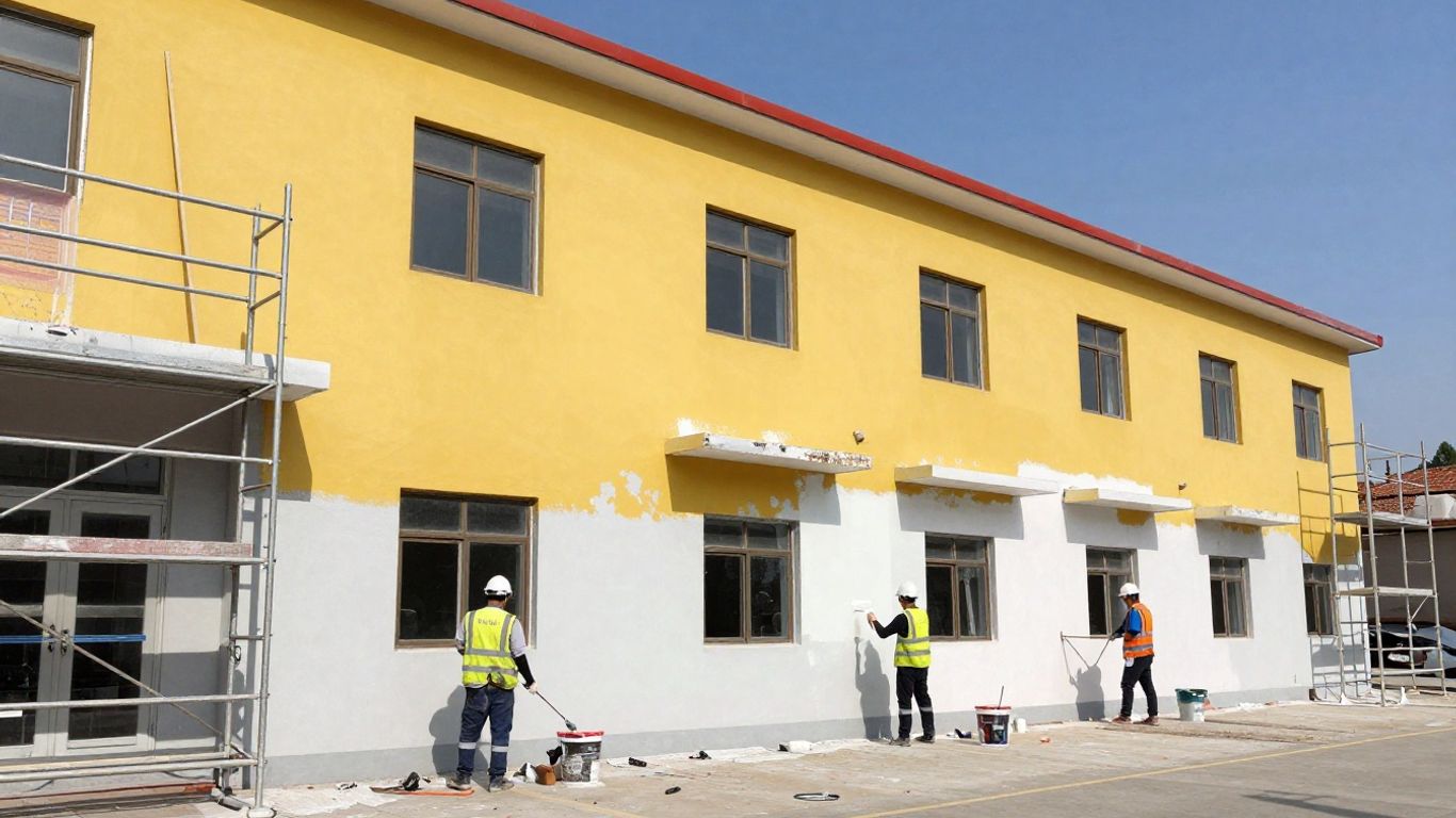 Commercial building exterior being repainted.