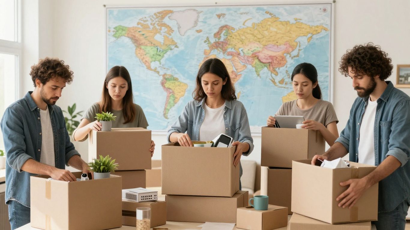 People packing boxes for international move
