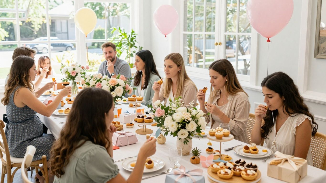 Elegant baby shower venue with balloons, flowers, and happy guests.