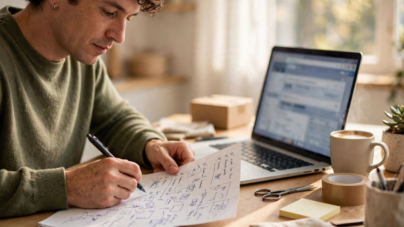 Seller reviewing product keyword notes at desk