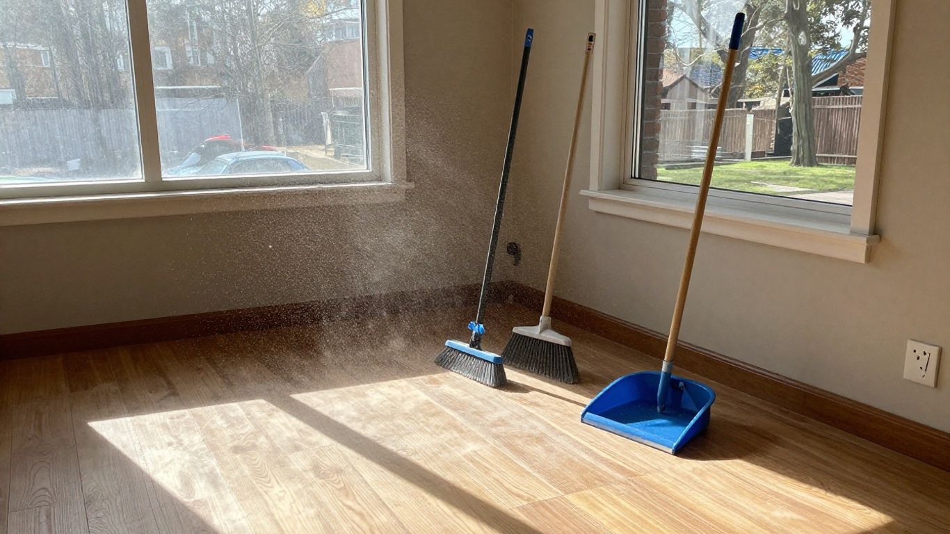 Clean room after construction, sunlight, cleaning tools.