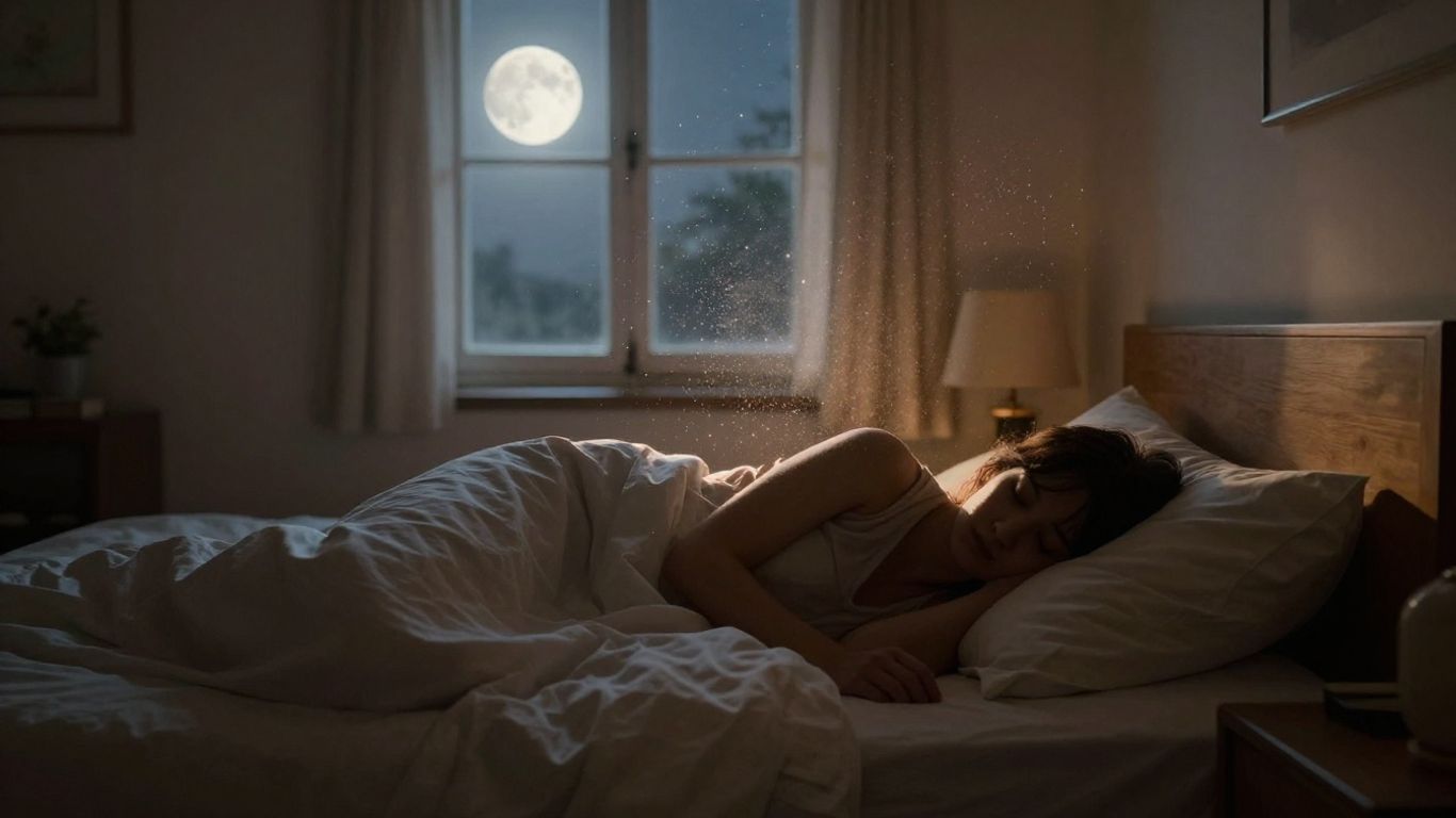 Schlafzimmer mit sanftem Licht und schlafender Person.