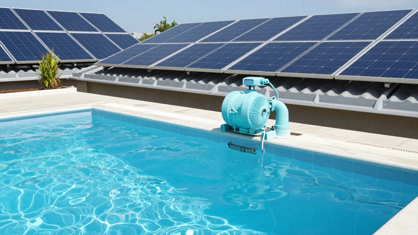 Solar panels powering a swimming pool filtration pump.