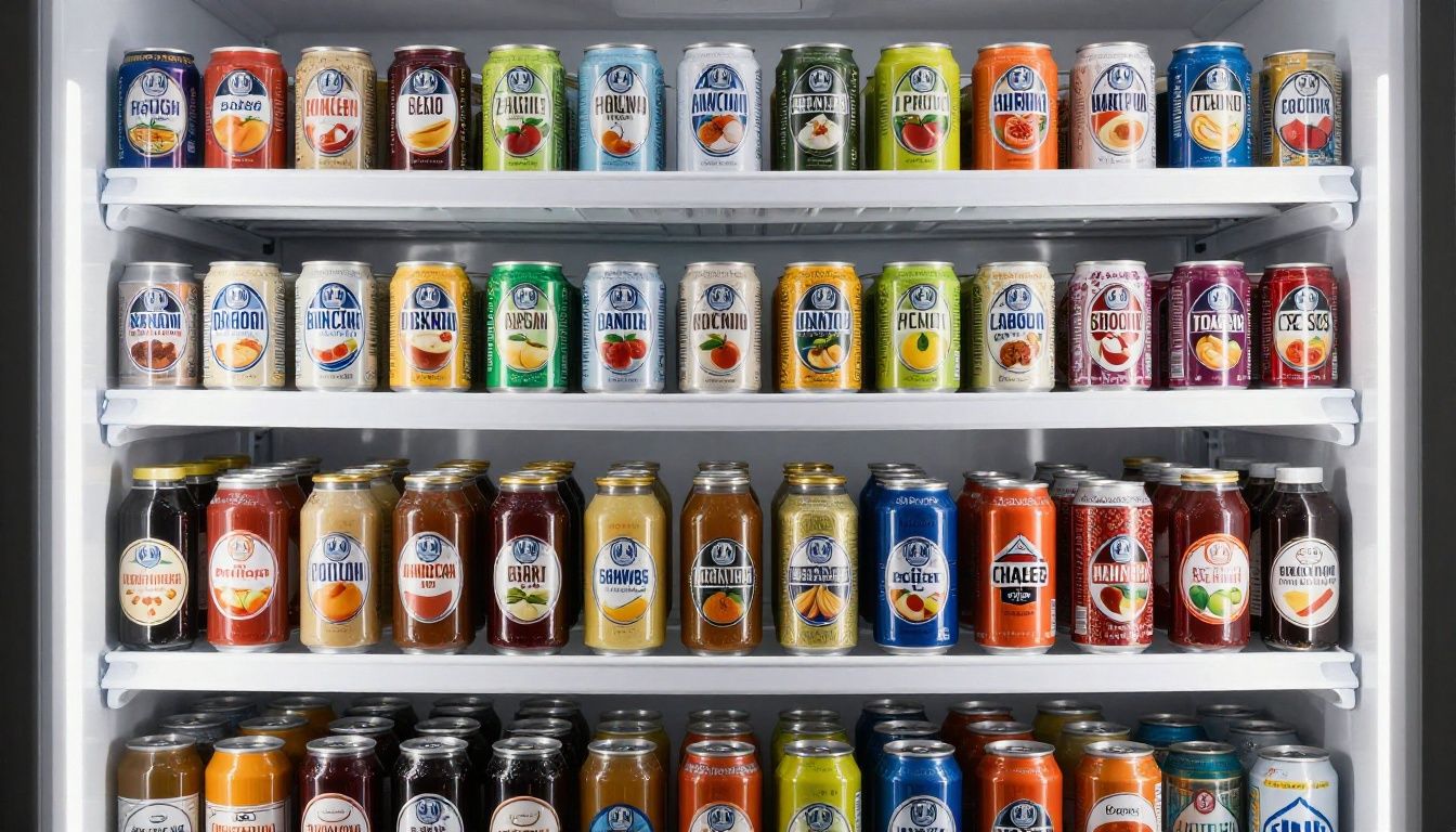 A refrigerator shelf showing cans and bottles organized into clean, distinct groups by type.