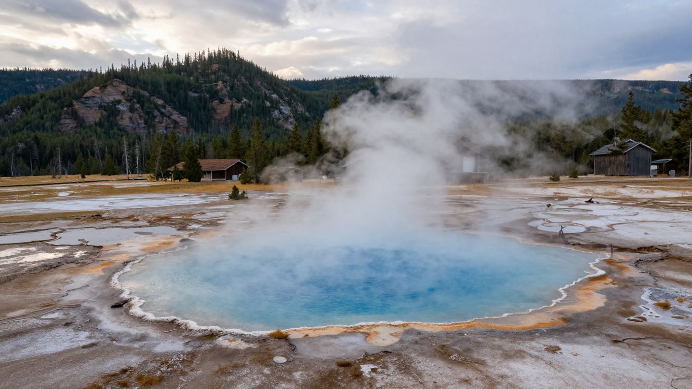 Yellowstone geyser basin beneath a wide mountain sky