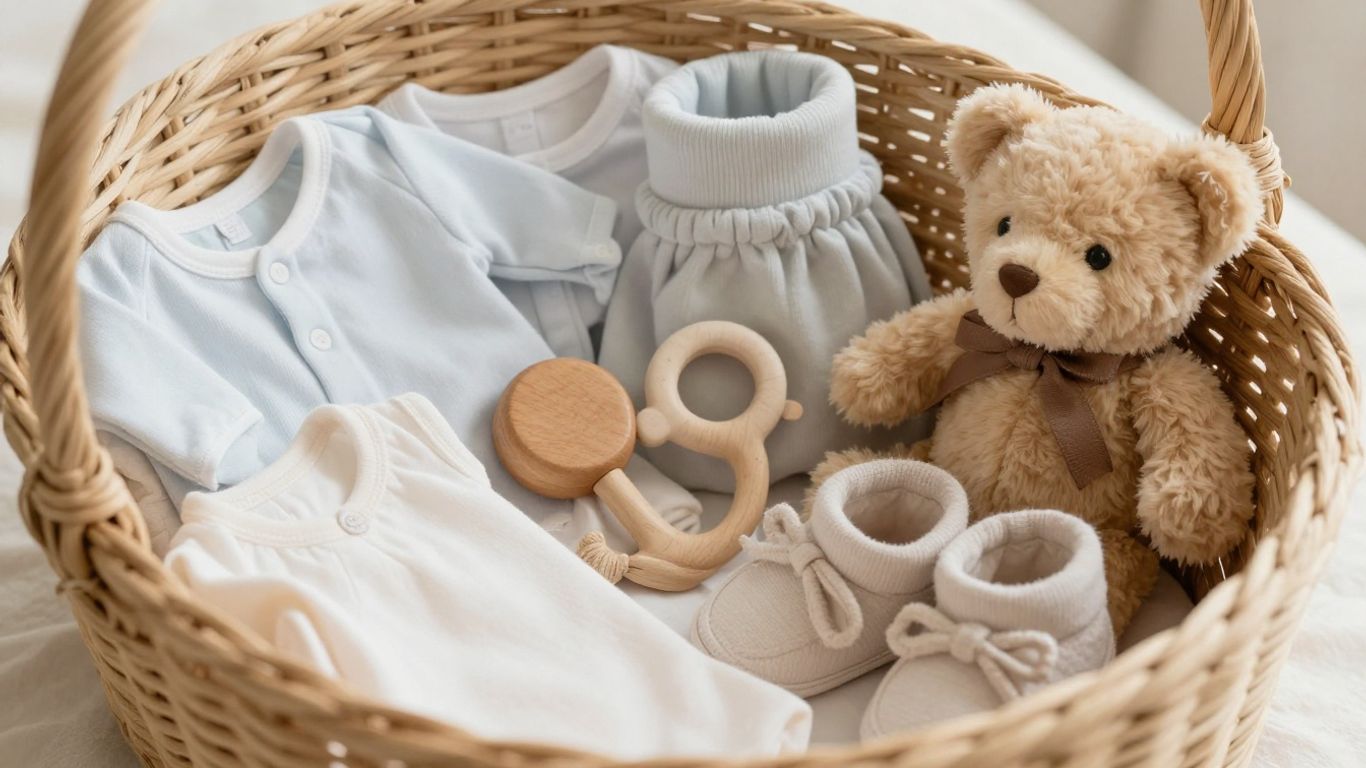 Canastilla de bebé con ropa, juguetes y accesorios.