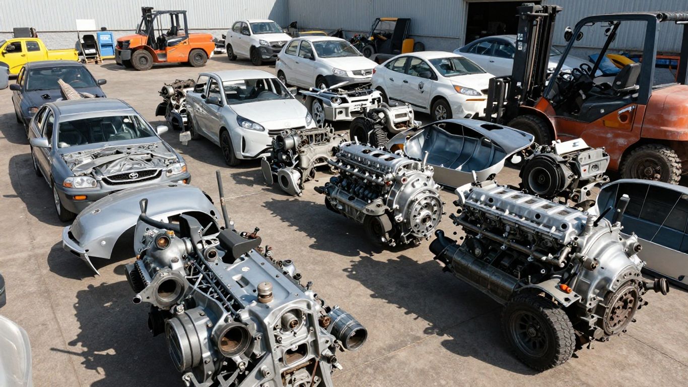 Toyota car parts neatly arranged in a wrecking yard.