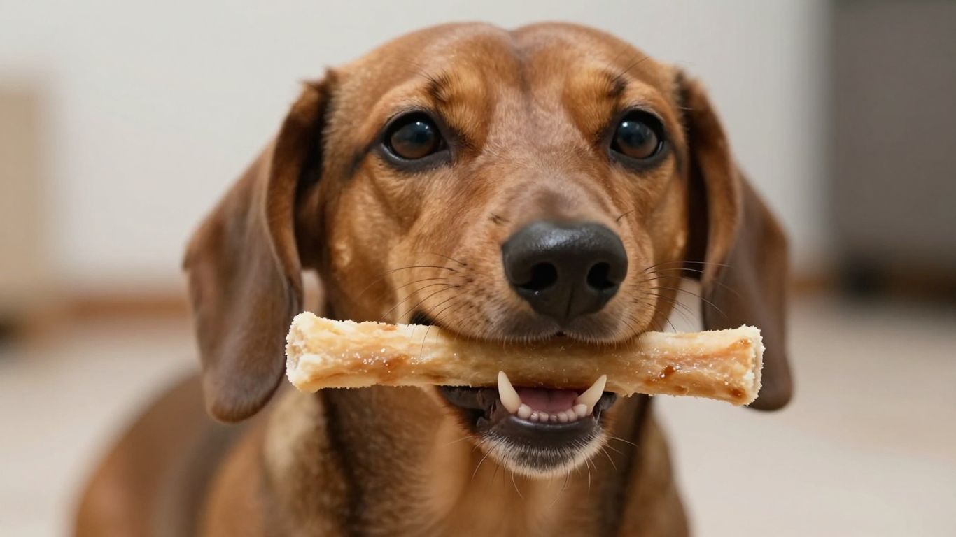 Dackel kaut auf Zahnpflege-Kauartikel für gesunde Zähne.