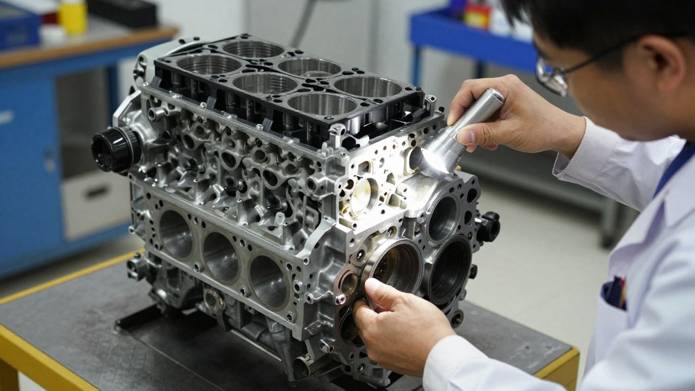 A technician inspecting used engines for quality assurance