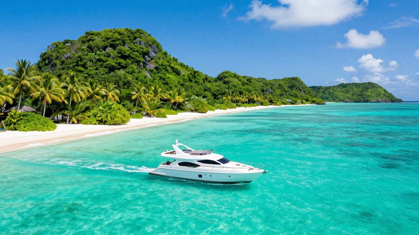 Yacht sailing in US Virgin Islands turquoise waters.
