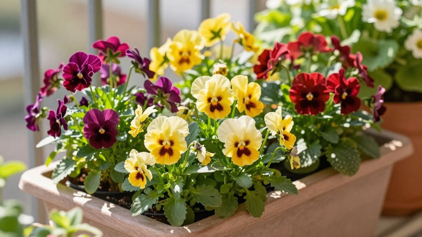 Balkonkasten mit bunten Frühlingsblumen im März