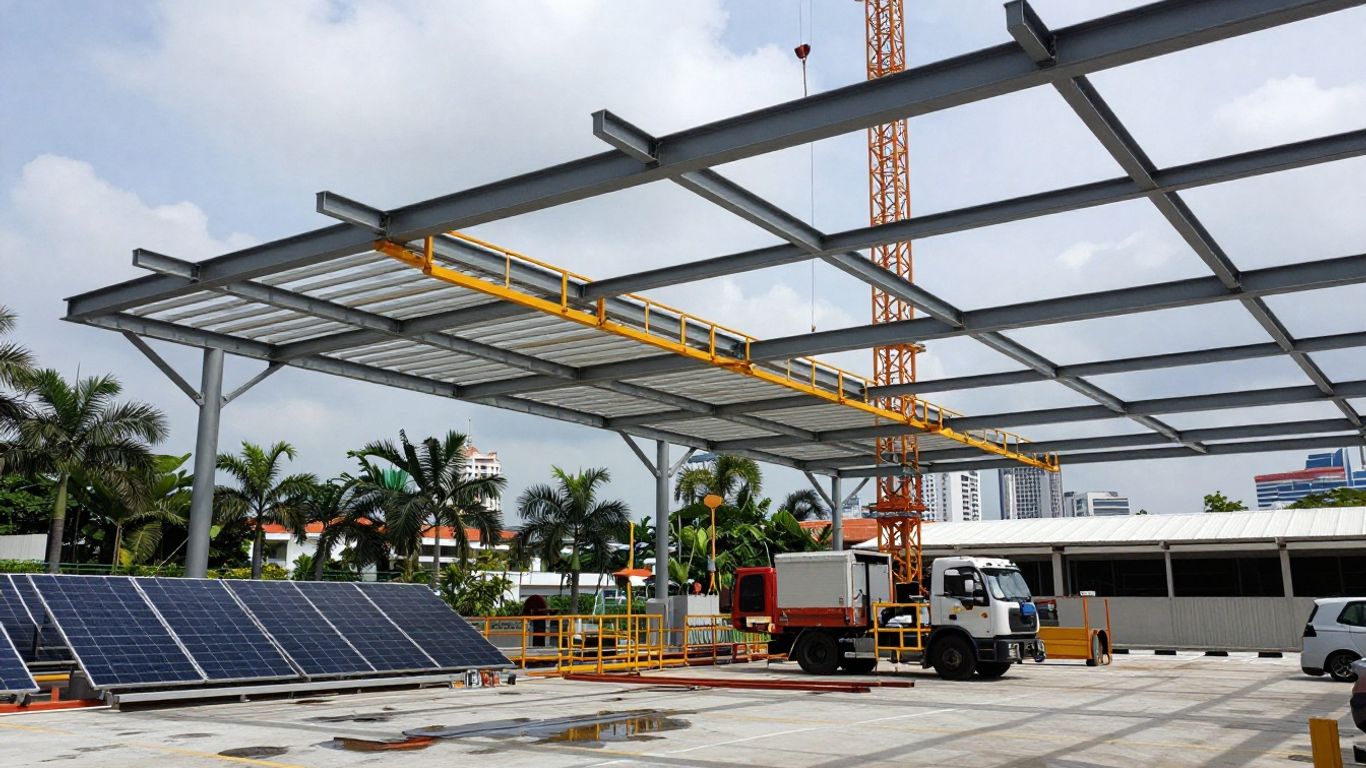 Long-span steel canopy over tropical Singapore parking