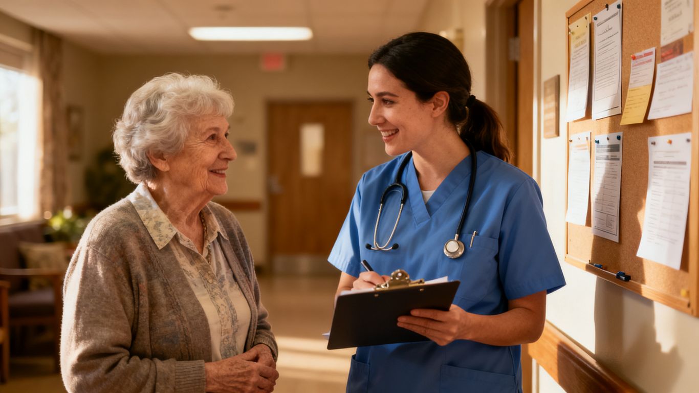 Staff member explaining mail procedures to a resident