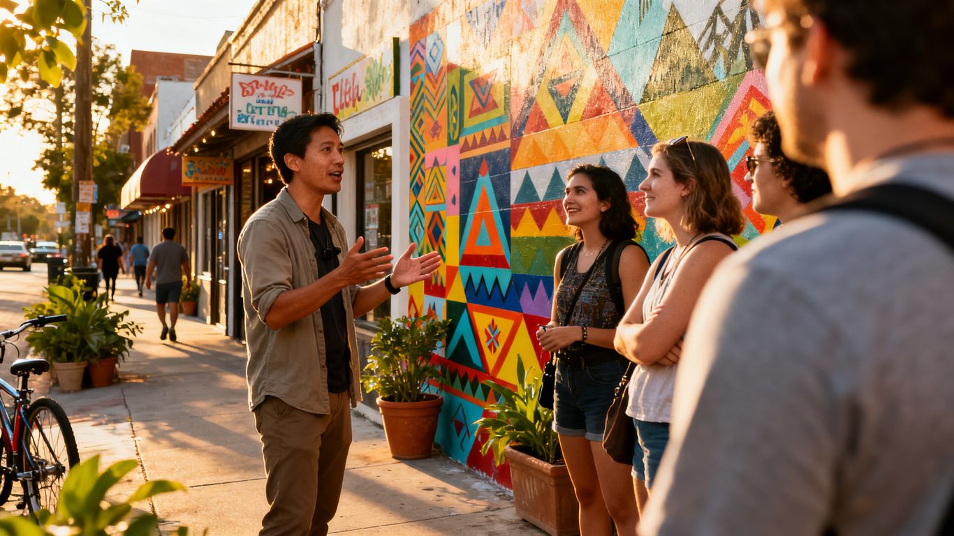 A local guide sharing neighborhood history with visitors