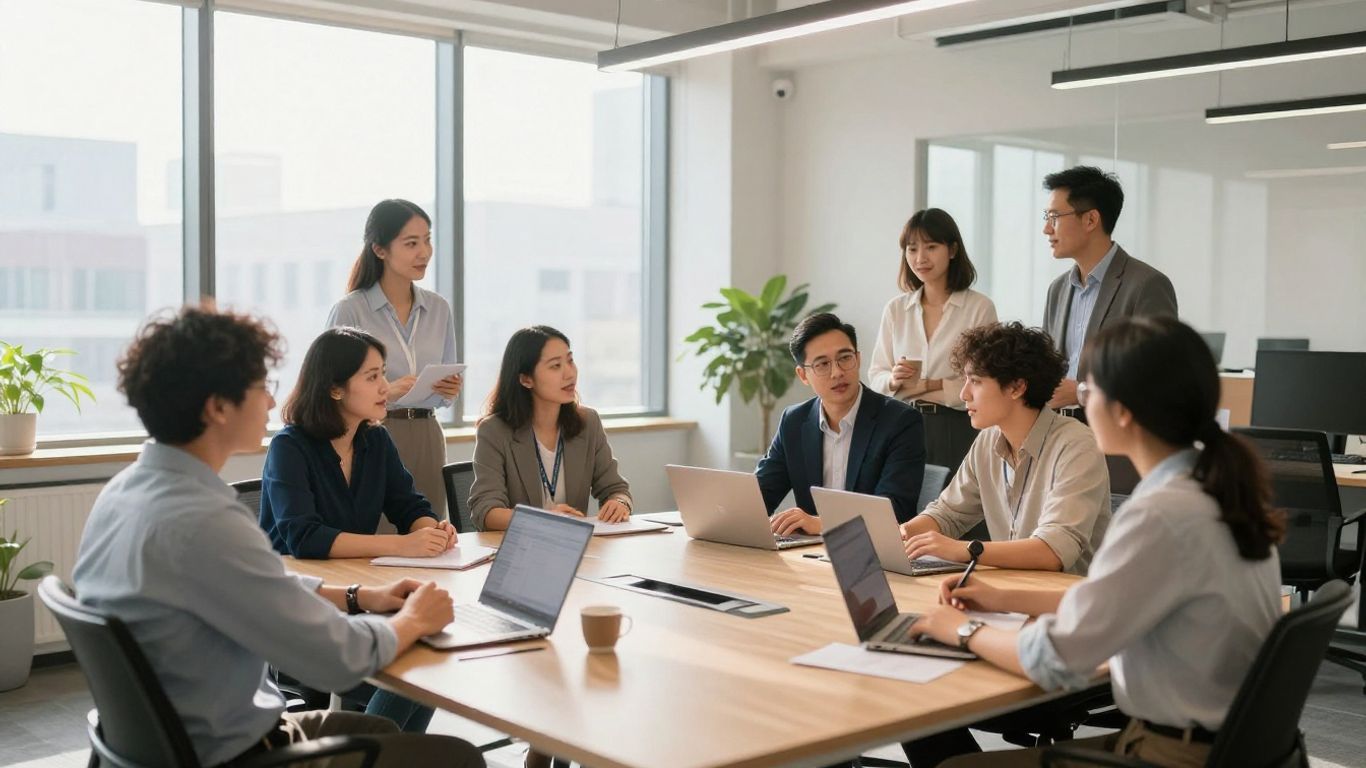 Team collaborating in a bright, modern office space.
