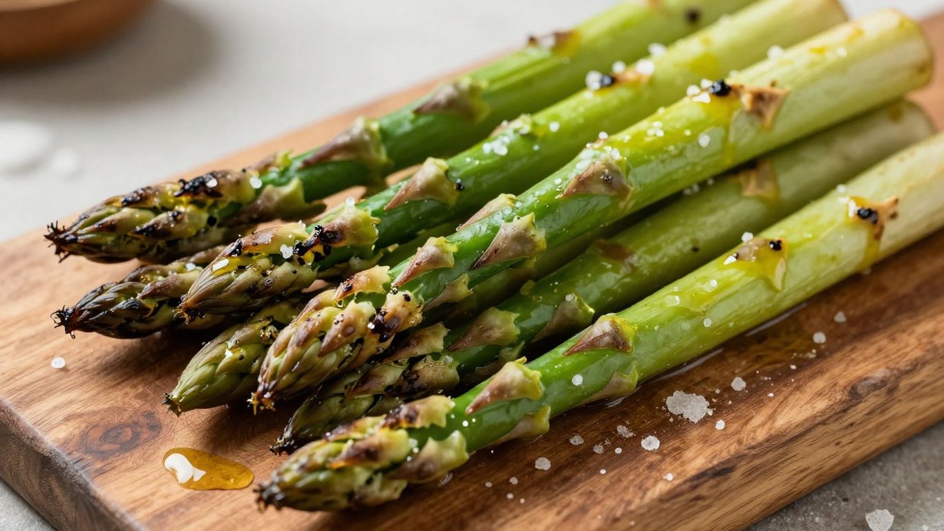 Grilled asparagus spears with salt and olive oil.