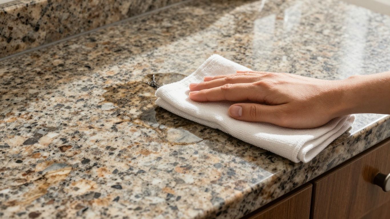 Sparkling clean granite countertop with stain being wiped away.