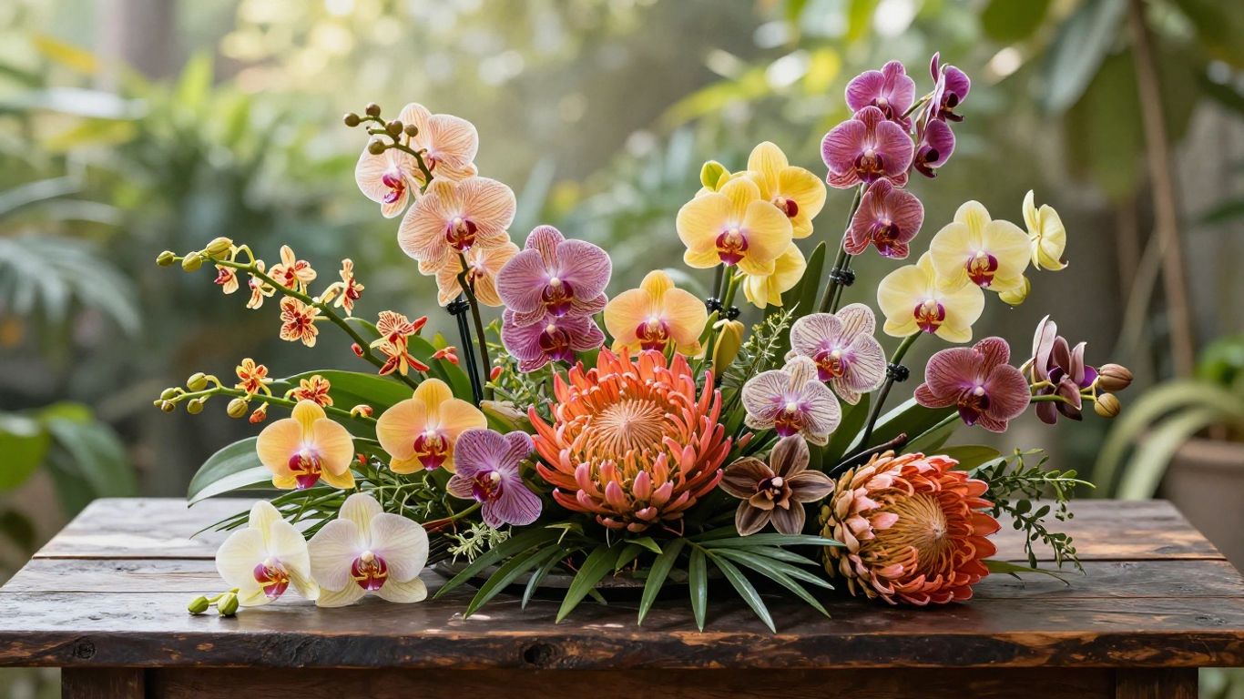 Exotic orchid arrangement on wooden table