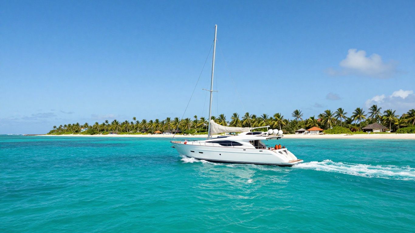 Luxury yacht sailing on turquoise water near tropical islands.