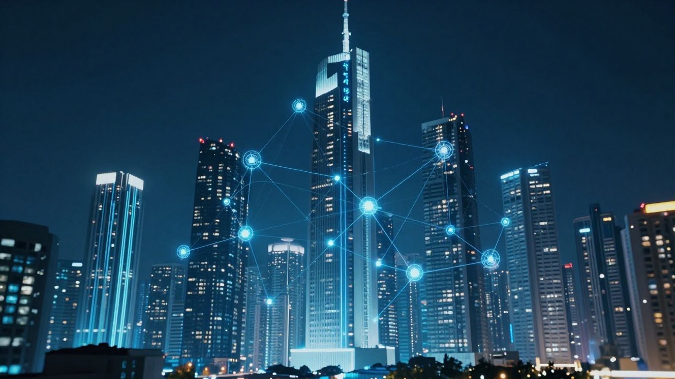Futuristic cityscape with glowing blockchain network.