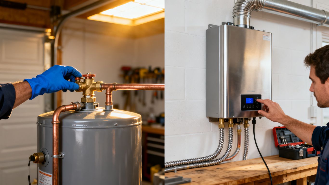 Technician inspecting different water heater systems